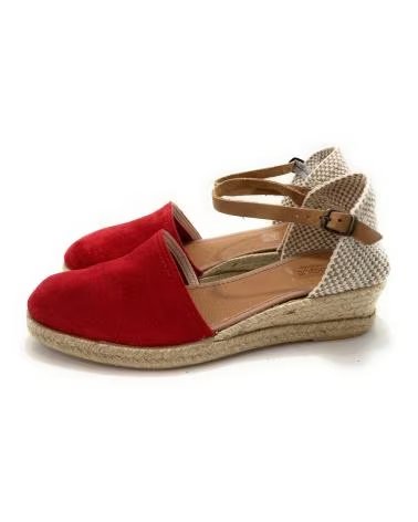 Sandalen für Damen PONNY DAMEN-SANDALEN ESPADRILLES AUS LEDER MIT NIEDRIGEM KEILABSATZ UND SCHNALLENVERSCHLUSS ROJO