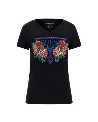T-SHIRT GUESS PRETA COM ESTAMPA FLORAL DE ROSAS NEGRO