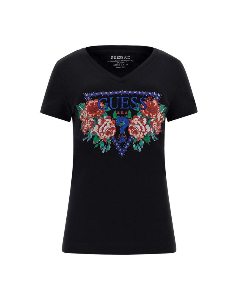 GUESS T-SHIRT SCHWARZ MIT ROSENMUSTER NEGRO