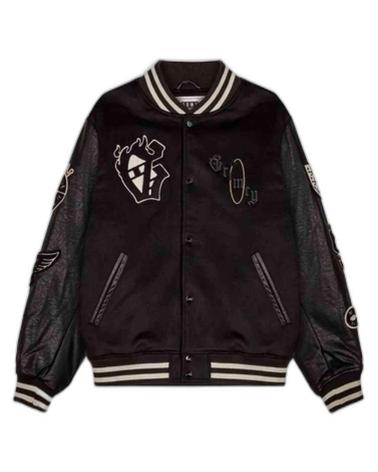 GRIMEY JAQUETA BOMBER PRETA COM PATCHES E FAIXAS NEGRO
