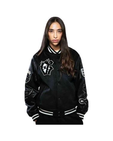 GRIMEY JAQUETA BOMBER PRETA COM PATCHES E FAIXAS NEGRO
