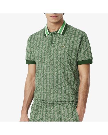 POLO LACOSTE JACQUARD À MONOGRAMME VERT MULTICOLOR