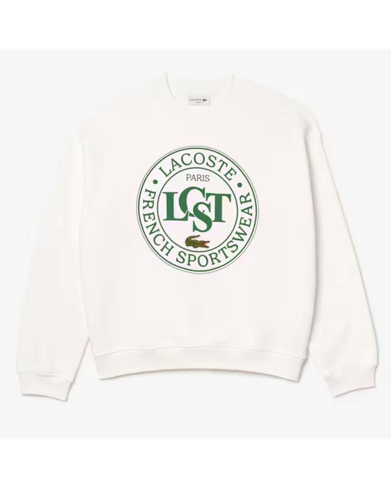 LACOSTE GRAPHIC WHITE SWEATSHIRT WITH GREEN LOGO MULTICOLOR