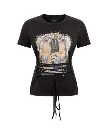 GUESS CAMISETA ROCKER ROSES LACE EN COLOR PARA MUJER NEGRO