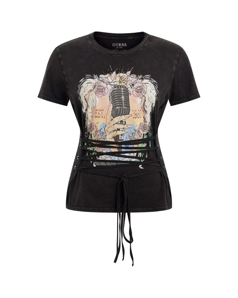 GUESS CAMISETA ROCKER ROSES LACE EN COLOR PARA MUJER NEGRO