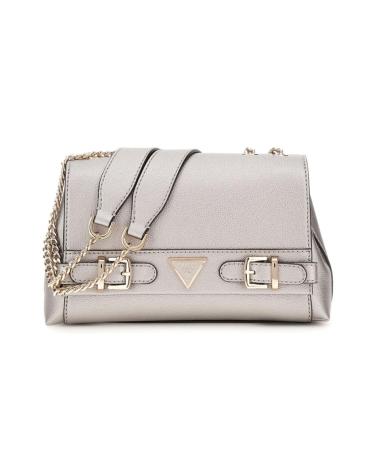 BOLSO DE MANO GUESS METÁLICO COLOR ACERO CON CADENA ACERO