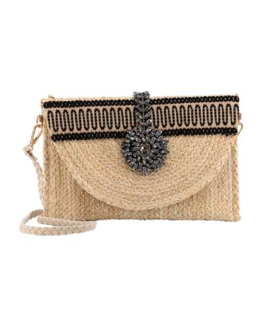 SIMOSASTRE NATURAL RAFFIA CROSSBODY BAG WITH ETHNIC DETAILS NEGRO