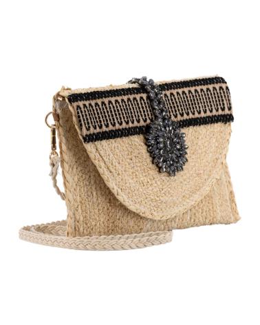 SIMOSASTRE NATURAL RAFFIA CROSSBODY BAG WITH ETHNIC DETAILS NEGRO