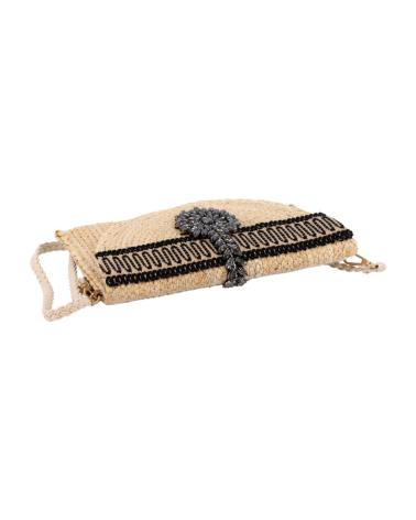 SIMOSASTRE NATURAL RAFFIA CROSSBODY BAG WITH ETHNIC DETAILS NEGRO