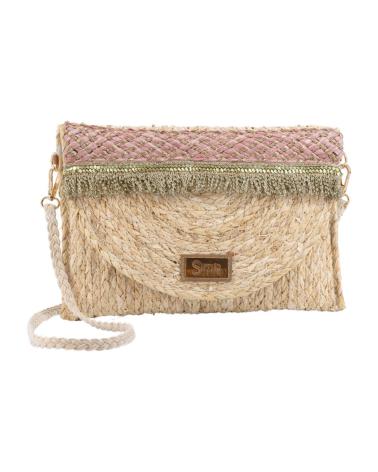SAC BANDOULIÈRE SIMOSASTRE EN RAFIA NATURELLE AVEC FRANGES ROSES ROSA