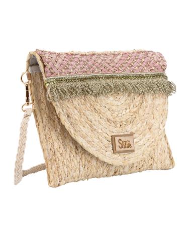 SAC BANDOULIÈRE SIMOSASTRE EN RAFIA NATURELLE AVEC FRANGES ROSES ROSA