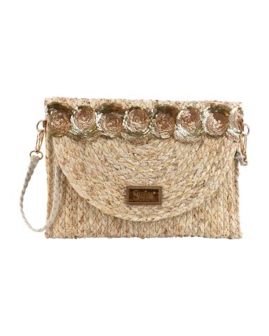 SAC BANDOULIÈRE SIMOSASTRE EN RAPHIA TEINTE OR AVEC RABAT DÉCORATIF ORO