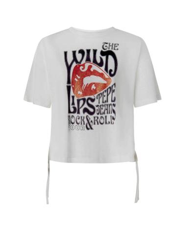 PEPE JEANS T-SHIRT PL505352 WEISS MIT GRAFIKDRUCK UND SEITLICHEN BINDEBÄNDERN BLANCO