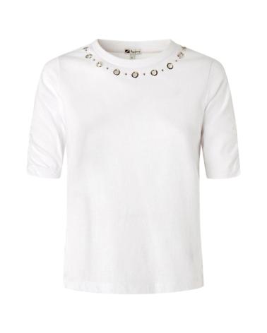 PEPE JEANS T-SHIRT PL505291 WEISS MIT VERZIERTEM KRAGEN BLANCO
