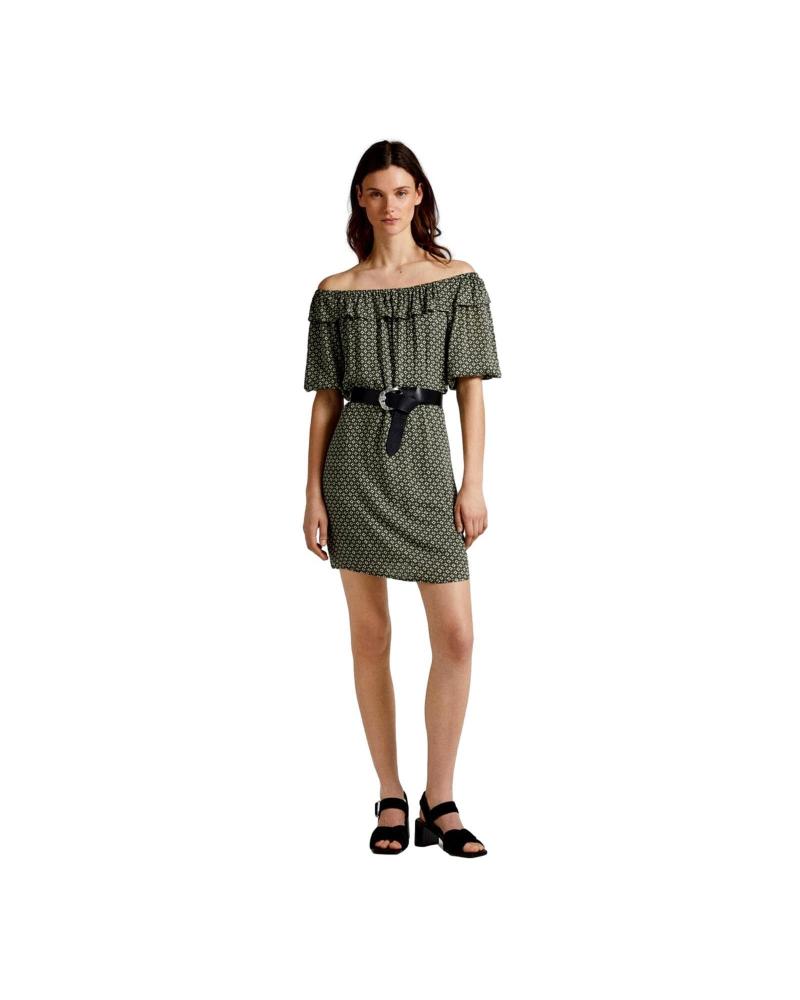 PEPE JEANS PL953352 GREEN SHORT DRESS WITH RUFFLES AND OFF-SHOULDER VERDE