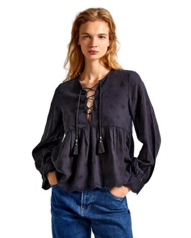 PEPE JEANS DANAE BLUSE SCHWARZ PL304816 MIT SCHNÜRDETAILS NEGRO