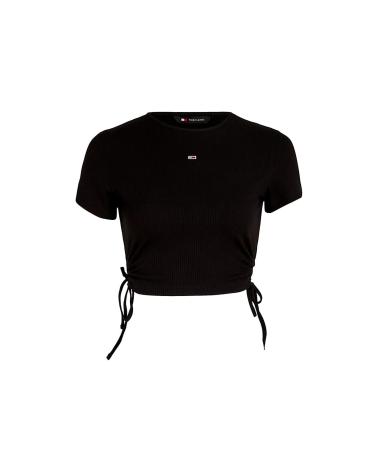 TOMMY JEANS CROP TOP EM MALHA ELÁSTICA FRANZIDA DW0DW17902 PRETO NEGRO