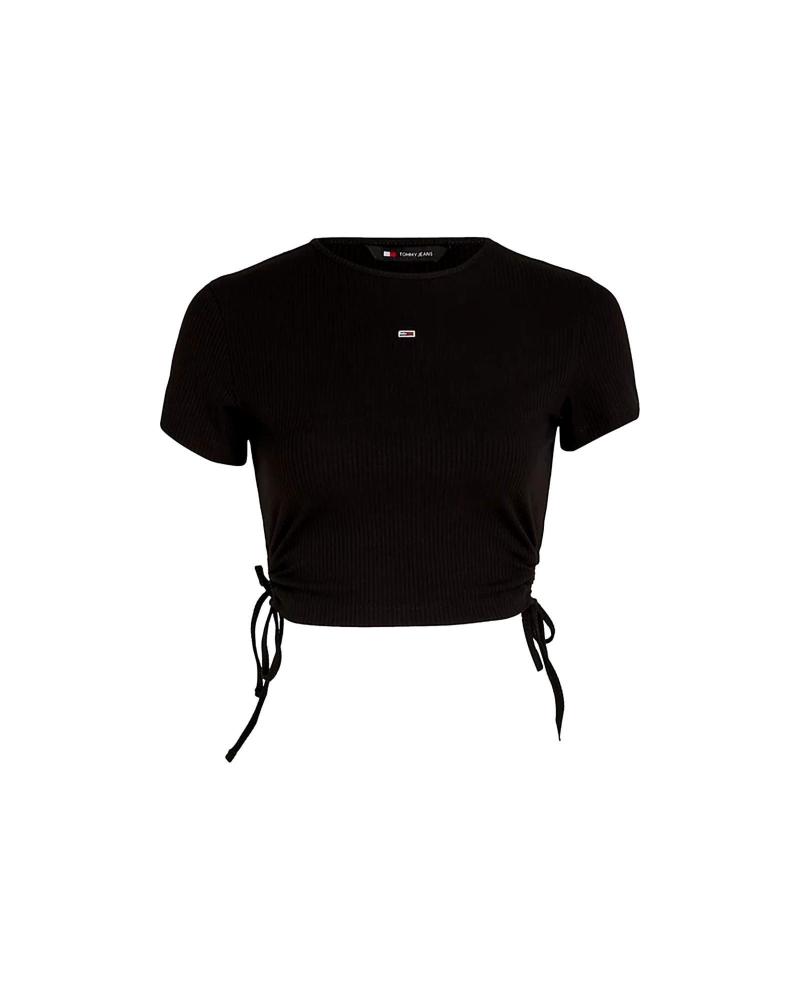 TOMMY JEANS CROP TOP EM MALHA ELÁSTICA FRANZIDA DW0DW17902 PRETO NEGRO