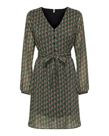 VESTIDO ESTAMPADO VERDE CON CUELLO V Y LAZO ONLY 15328274 VERDE