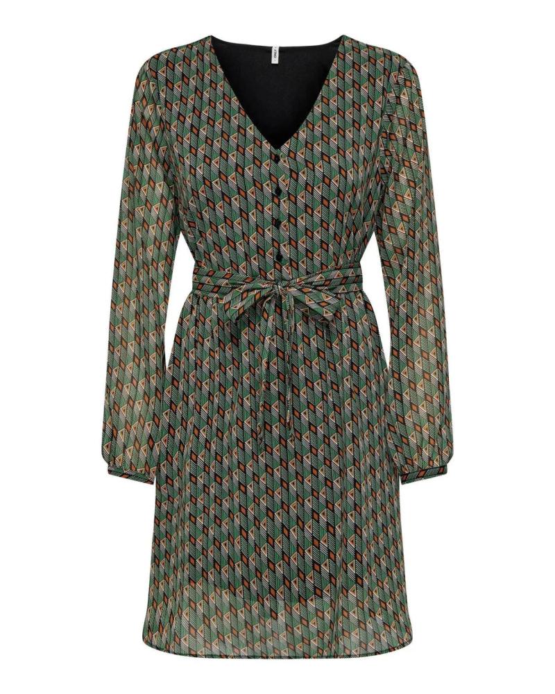 VESTIDO ESTAMPADO VERDE CON CUELLO V Y LAZO ONLY 15328274 VERDE