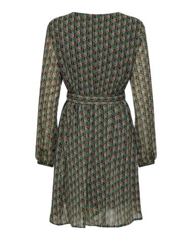 VESTIDO ESTAMPADO VERDE CON CUELLO V Y LAZO ONLY 15328274 VERDE