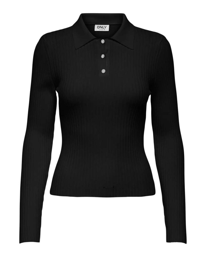 ONLY 15355354 BLACK RIBBED KNIT POLO SHIRT NEGRO