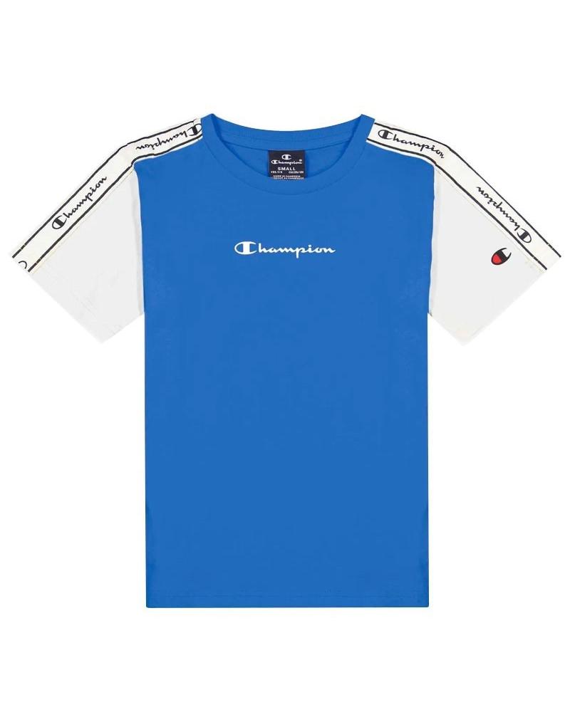 T-SHIRT CHAMPION 305925-BS007 BLU CON MANICHE BIANCHE E NASTRO LOGO AZUL
