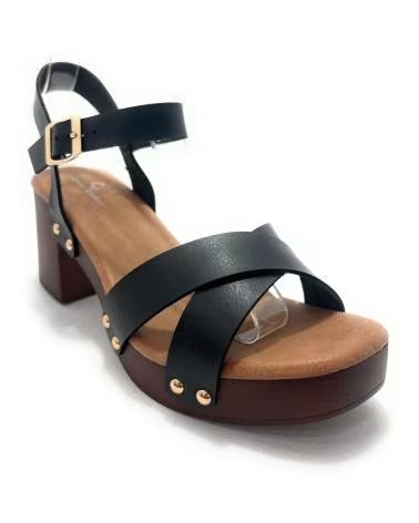 DUENDY SANDALIAS CON TIRAS CRUZADAS Y TACÓN EFECTO MADERA NEGRO