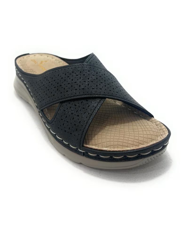 CHIC VISION TAMANCOS COM TIRAS CRUZADAS PERFURADAS E SOLA ANABELA - PRETO NEGRO
