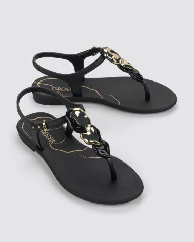 SANDALIAS GRENDHA G19035 MUJER TIRA TOBILLO CON DETALLE FLORAL NEGRO NEGRO