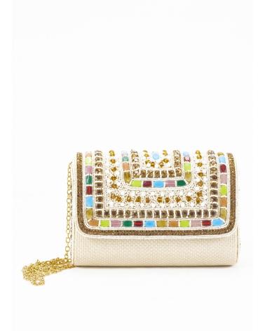 BOLSA DE FESTA KESLEM COM PEDRARIA MULTICOR BEGE BEIGE