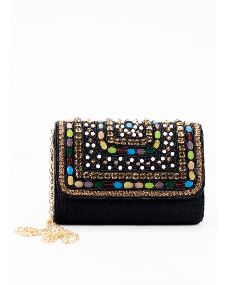 KESLEM EVENING BAG WITH MULTICOLOR RHINESTONES BLACK NEGRO