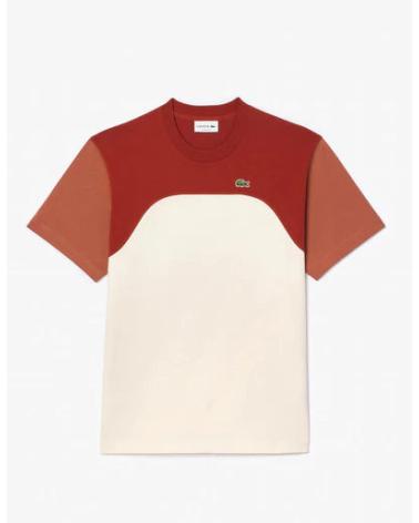 T-SHIRT LACOSTE TH9551 HBI EN COTON À BLOCS DE COULEURS TERRE CUITE ET CRÈME MARRóN