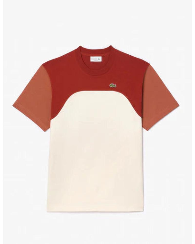 LACOSTE TH9551 HBI BAUMWOLL-T-SHIRT MIT FARBBLÖCKEN IN TERRAKOTTA UND CREME MARRóN
