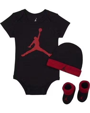 CONJUNTO BEBÊ JORDAN JUMPMAN BODY, GORRO E BOTINHAS PRETOS COM LOGOTIPO VERMELHO LJ0041-KR5 NEGRO