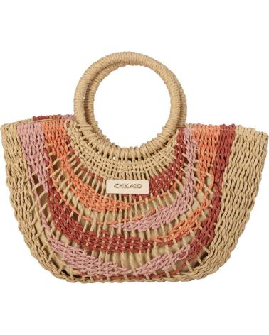 BOLSO DE RAFIA CHIKA10 KATALIN 01 CON ASAS REDONDAS DE MADERA Y DETALLES MULTICOLOR MARRóN