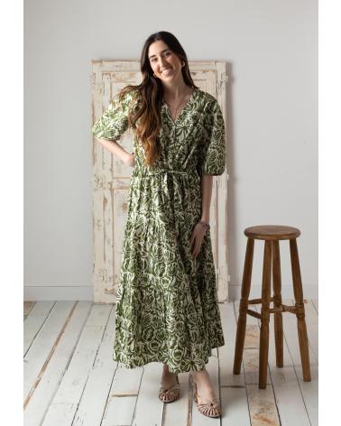 YERSE 42894127 LONG COTTON DRESS WITH PUFFED SLEEVES, GREEN COLOR VERDE