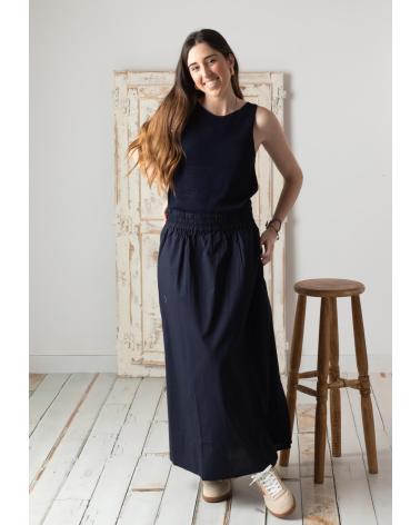 SAIA LONGA YERSE DE POPELINA COM CINTURA ELÁSTICA E BOLSOS - REF. 42837055 AZUL