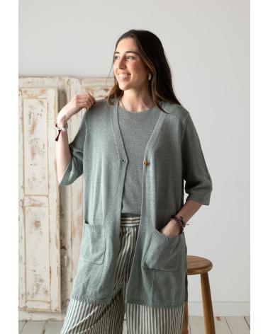 YERSE GREEN LONG KNIT CARDIGAN IN COTTON AND LINEN BLEND - MODEL 42524018 VERDE
