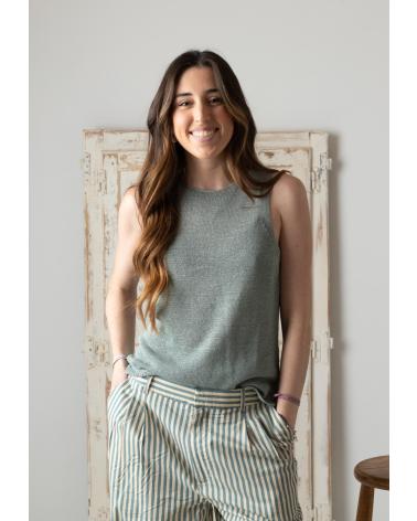 YERSE YERSE TOP DE ALGODÓN Y LINO CON BAJO ACANALADO - MODELO 42519018 VERDE