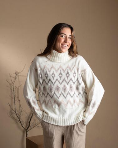 MAGLIONE JACQUARD A COLLO ALTO CON LANA E ALPACA YERSE 41550302 ECRÙ CRUDO