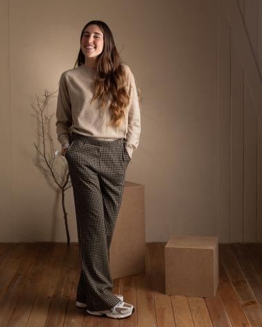 Inizio-YERSE---41396409---PANTALONES-FLARE-DE-CUADROS-VICHY---MUJER-BEIGE