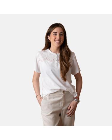 YERSE - 404711 - CAMISETA DE MANGA CORTA CON BORDADO SUIZO - MUJER BLANCO