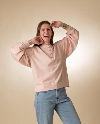 CAMISOLA YERSE 40323 DE MOLETÃO DE ALGODÃO COM GOLA HENLEY ROSA ROSA