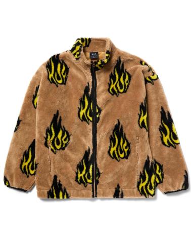 HUF FLAME PRINT FLEECE JACKET IN BROWN MARRóN