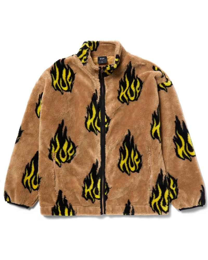 HUF FLAME PRINT FLEECE JACKET IN BROWN MARRóN