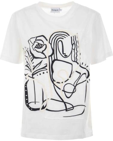 DESIGUAL CAMISETA BLANCA DE MANGA CORTA CON ESTAMPADO DE ARTE LINEAL BLANCO
