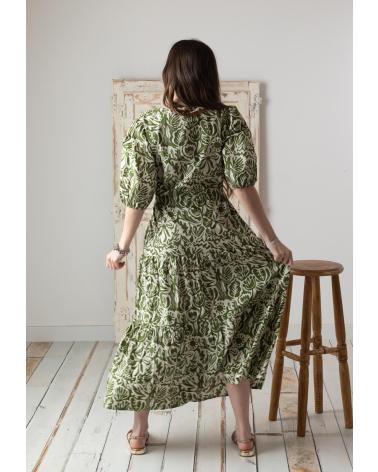VESTIDO LONGO YERSE 42894127 DE ALGODÃO COM MANGAS ABUFAS, COR VERDE VERDE