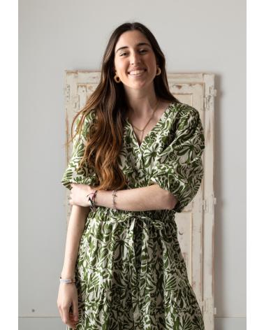 VESTIDO LONGO YERSE 42894127 DE ALGODÃO COM MANGAS ABUFAS, COR VERDE VERDE