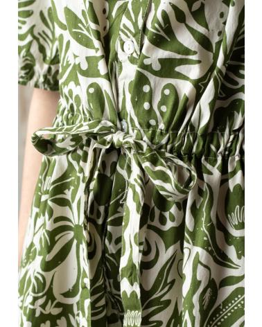 VESTIDO LONGO YERSE 42894127 DE ALGODÃO COM MANGAS ABUFAS, COR VERDE VERDE